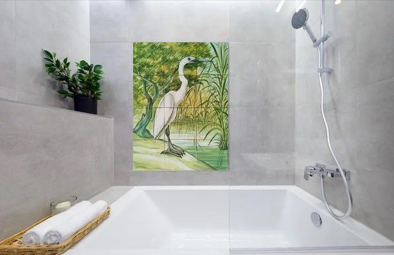 Grey Heron Tile Mural - Hand Painted Portuguese Tiles | Ref. PT291