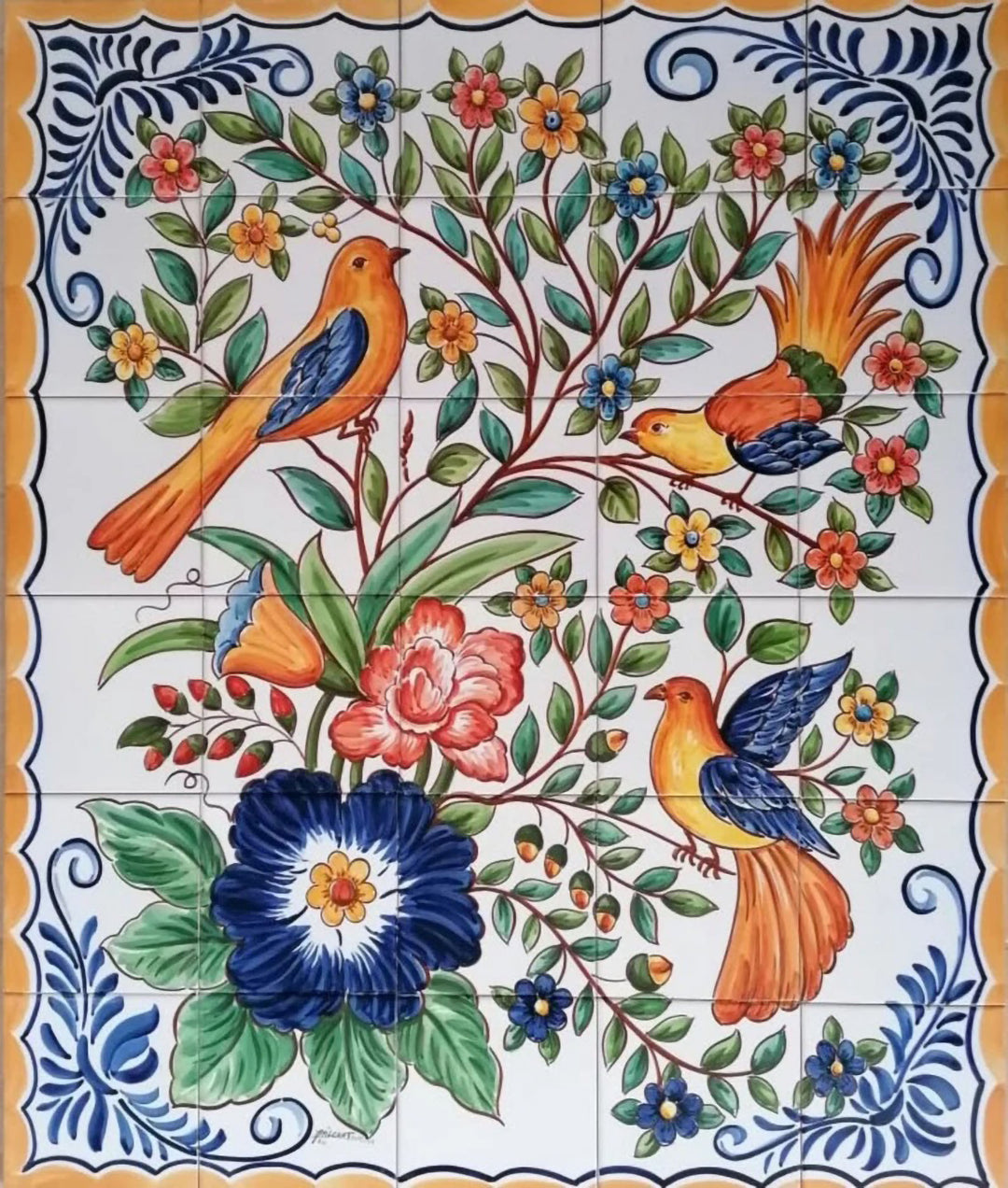 Colourful Flowers and Birds Tile Mural - Hand Painted Portuguese Tiles | Ref. PT363