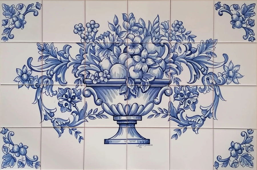 Blue flower and lemon tile mural