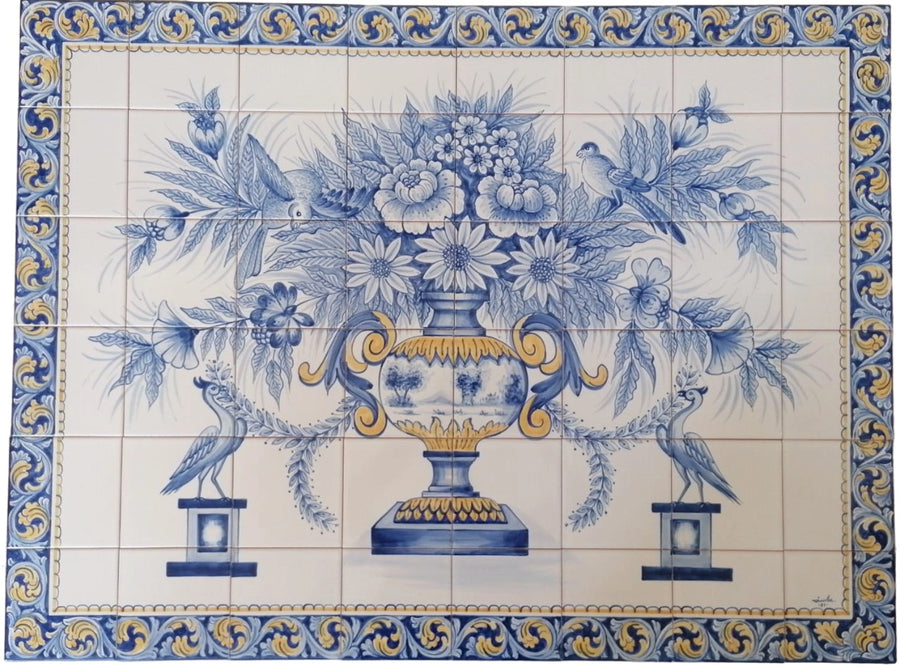 Blue and yellow flower vase tile mural