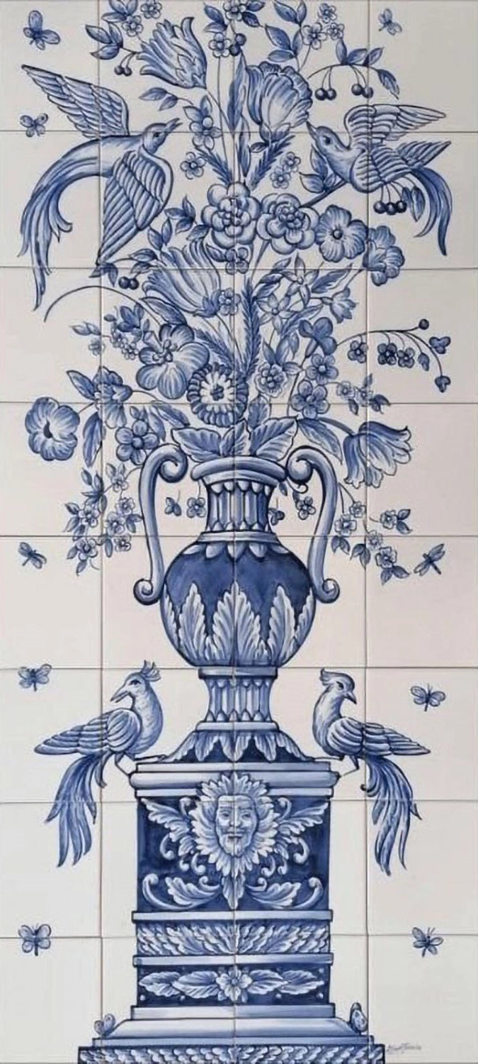 Blue flower vase and birds tile mural