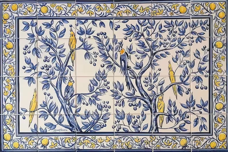 Cockatoos Tile Mural - Hand Painted Portuguese Tiles  Ref. PT370
