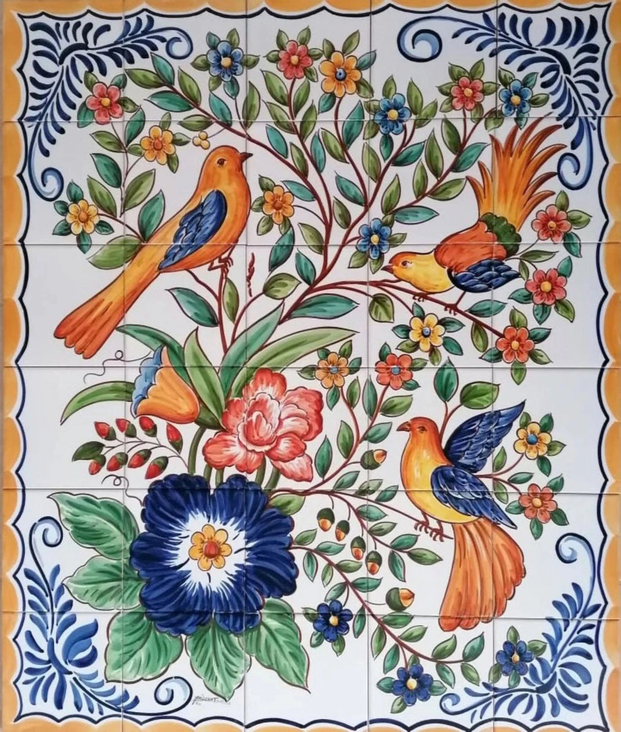 Clourful flowers and birds tile mura PT363