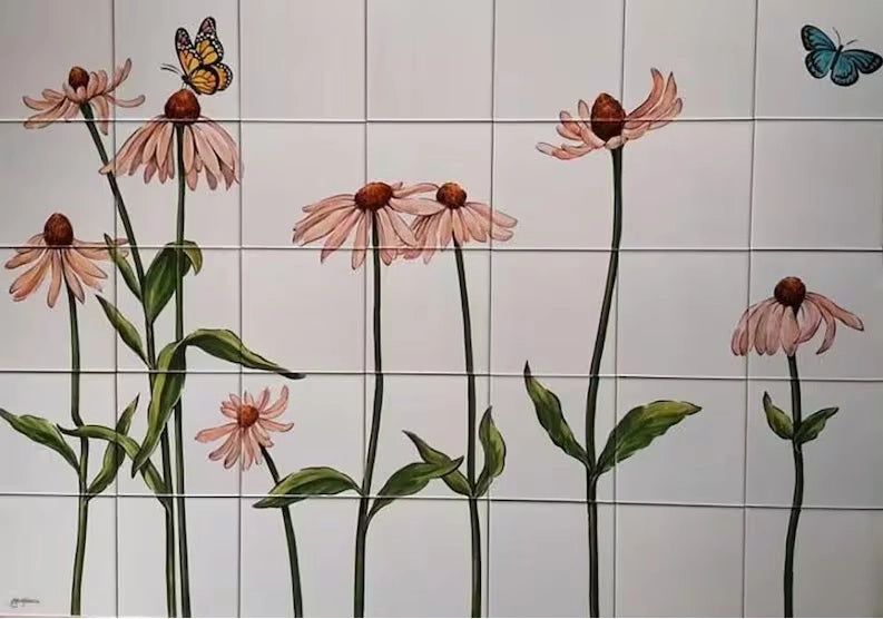 Coneflowers and butterflies tile mural