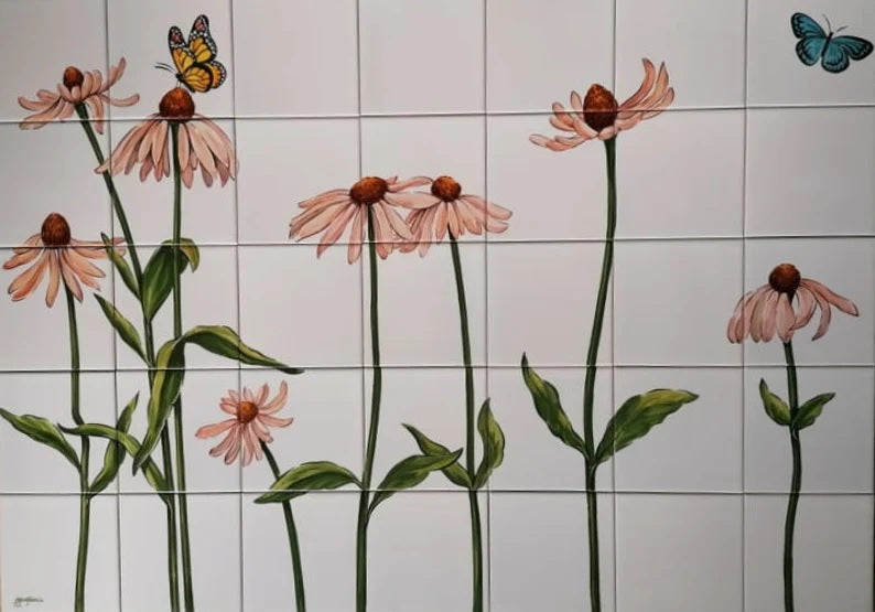 Coneflowers and Butterflies Tile Mural - Hand Painted Portuguese Tiles  Ref. PT381