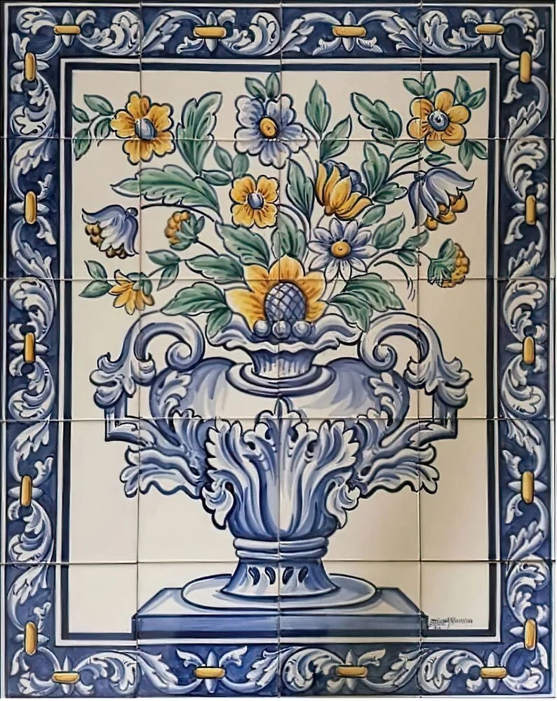 Flower Vase Tile Mural - Hand Painted Portuguese Tiles | Ref. PT310