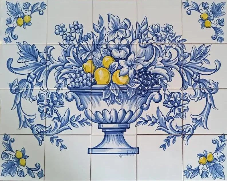 Flowers, Lemons & Grapes Tile Mural - Hand Painted Portuguese Tiles | Ref. PT323