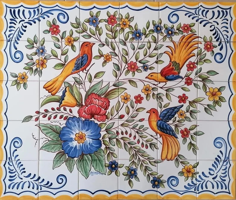 Flowers and Birds Tile Mural - Hand Painted Portuguese Tiles  Ref. PT382
