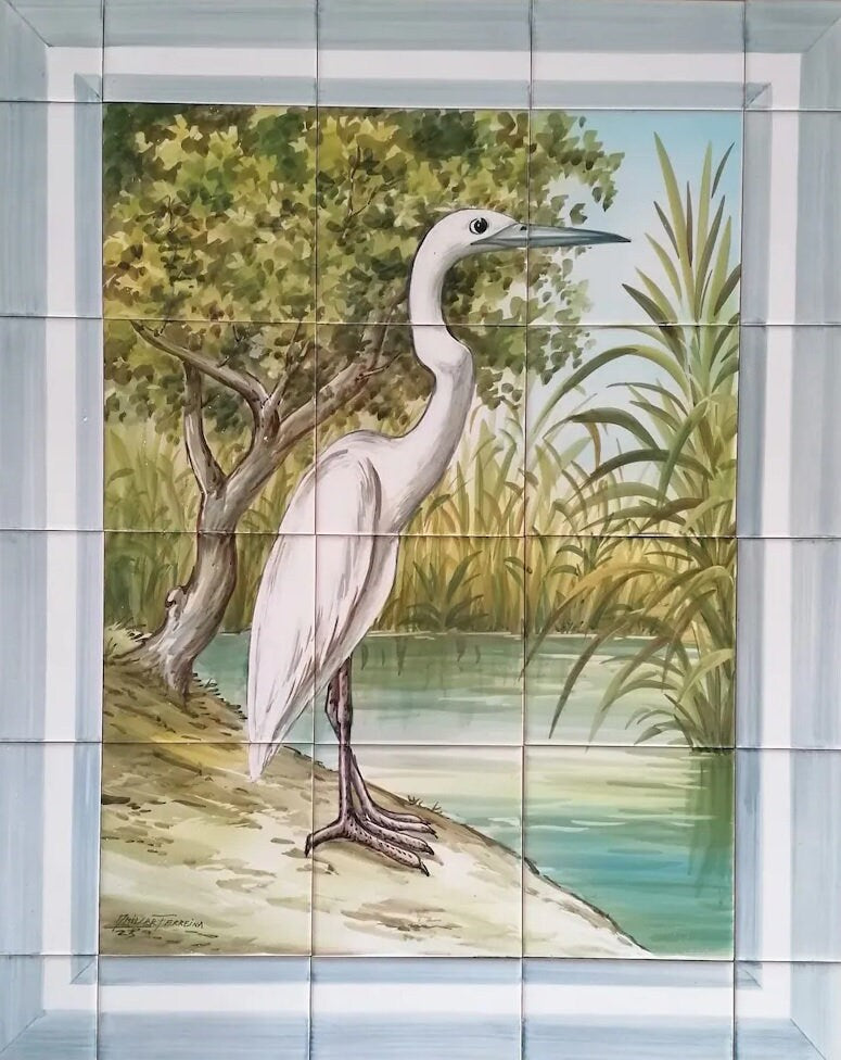 Grey Heron Tile Mural - Hand Painted Portuguese Tiles  Ref. PT277