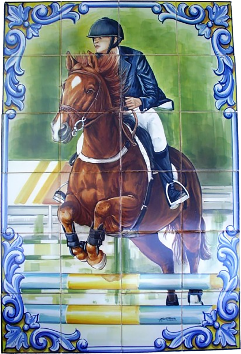 Horse Jumping Tile Mural - Hand Painted Portuguese Tiles | Ref. PT266