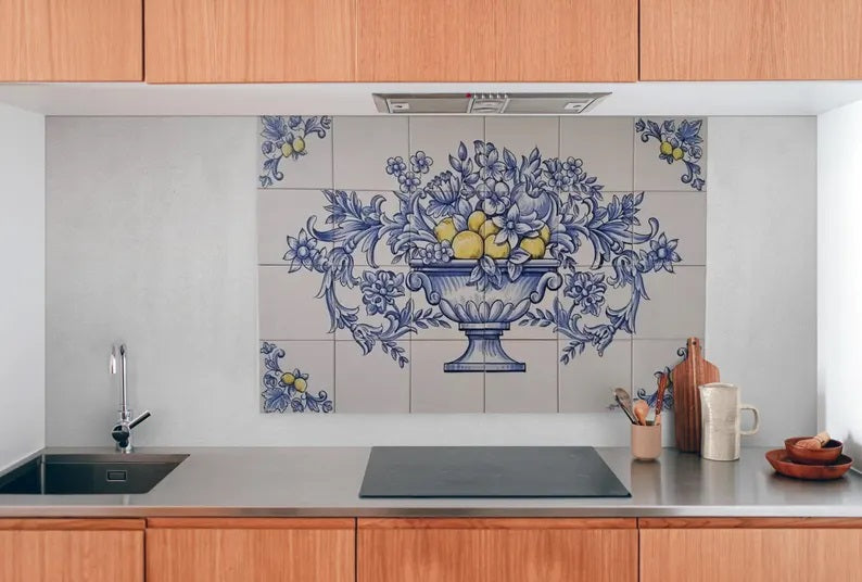 Flowers and Lemons Tile Mural - Hand Painted Portuguese Tiles | Ref. PT333