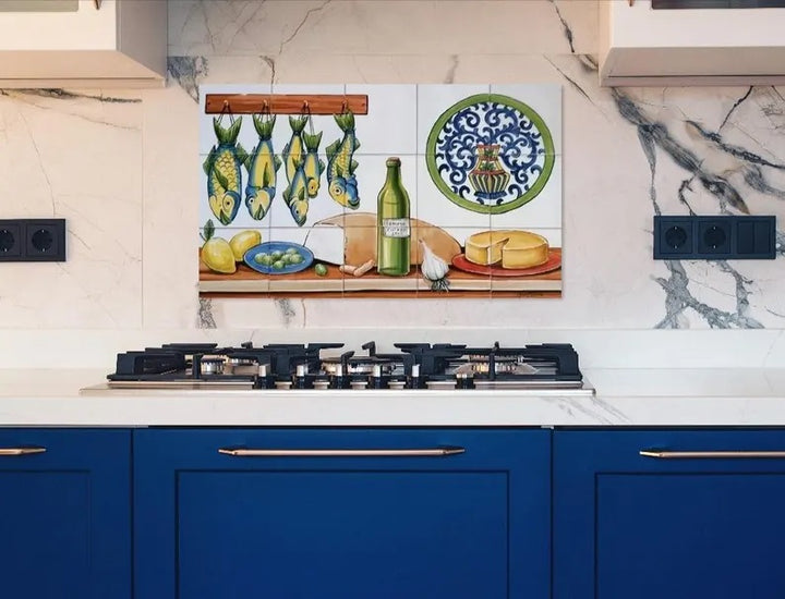 Fish, Wine & Cheese Kitchen Tile Mural - Hand Painted Portuguese Tiles | Ref. PT258