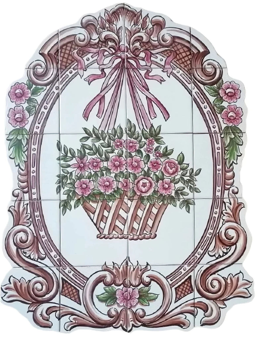 Pink flower basket tile mural