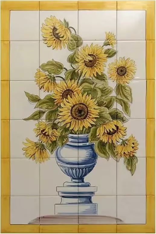 Sunflower Vase Tile Mural - Hand Painted Portuguese Tiles  Ref. PT338