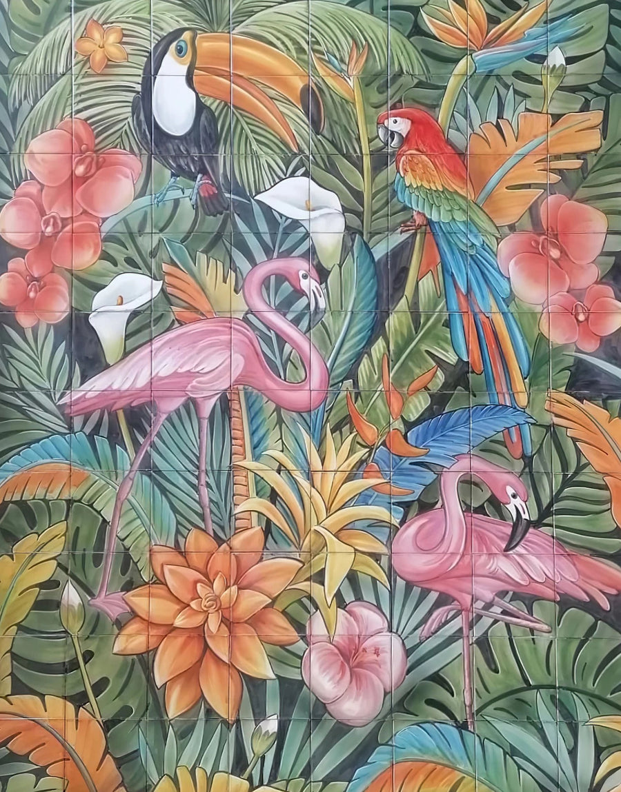 Tropical birds tile mural