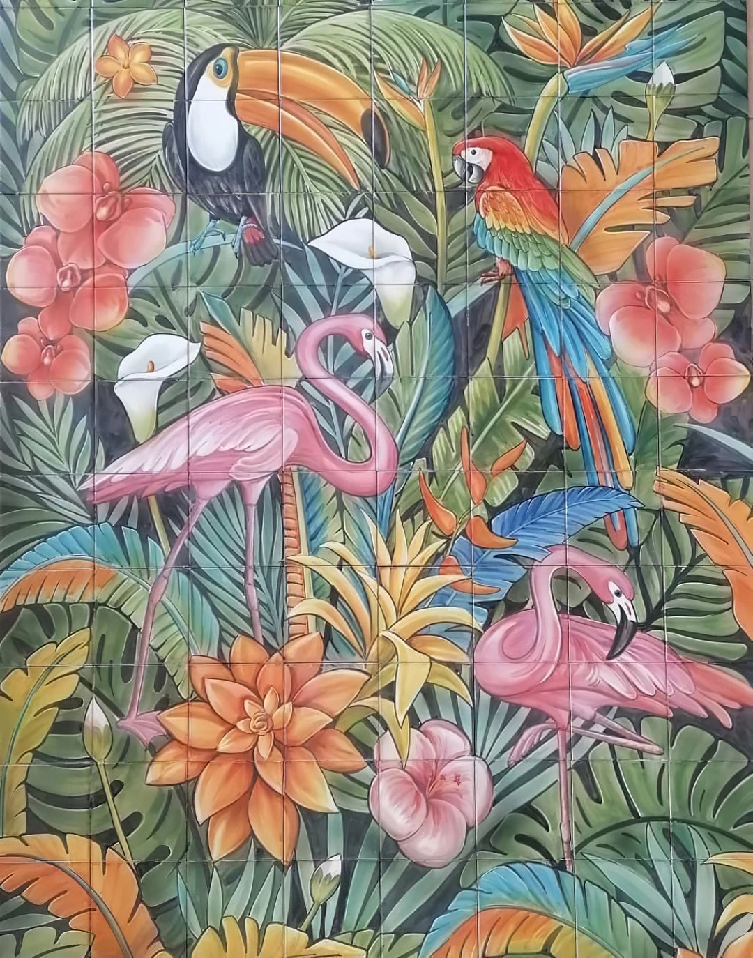 Tropical Birds Tile Mural - Hand Painted Portuguese Tiles | Ref. PT354
