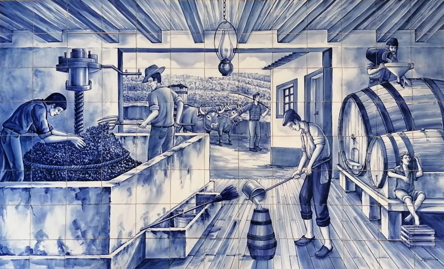 Wine press tile mural