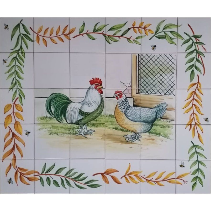 Kitchen tile mural Rooster and Chicken - Portuguese Tiles