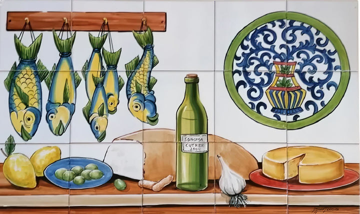 Fish, Wine and Cheese Kitchen Tile Mural - Hand Painted Portuguese Tiles | Ref. PT258